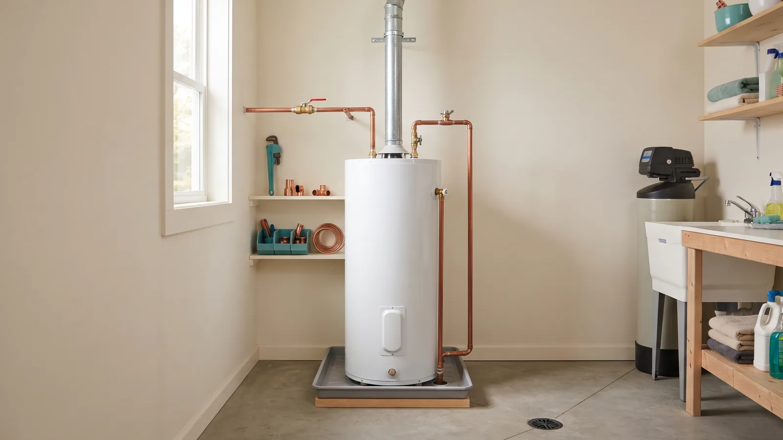 Plain residential water heater installed with visible copper pipes and drain pan